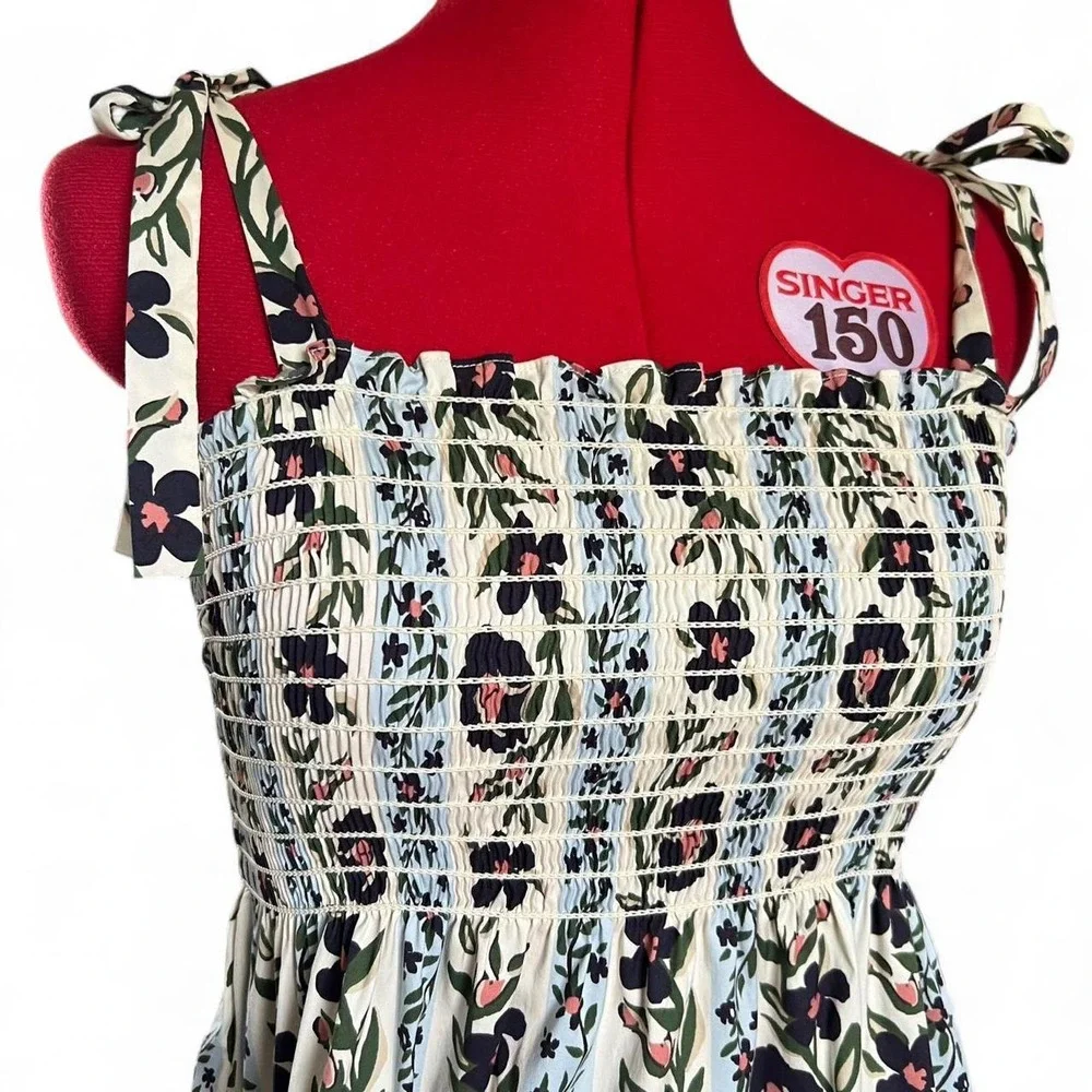 Tory Burch Sleeveless Floral Print Cotton Tiered Dress Tie Straps Size Small